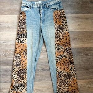 Leopard Print Panel Blue Jeans